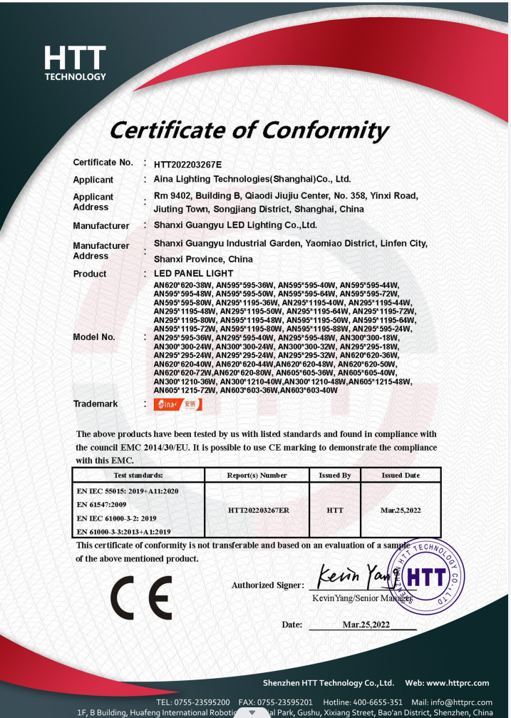 China Aina Lighting Technologies (Shanghai) Co., Ltd Certificaten